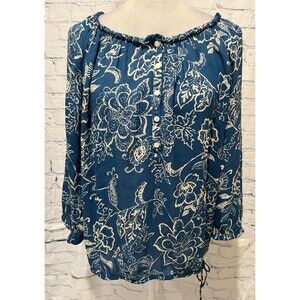 Lucky Brand Avalynn Gardens Peasant Top Blouse Long Sleeve Blue Rayon Size XL